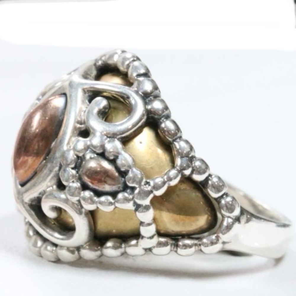 Carolyn Pollack Brass, Sterling Silver, & Copper beaded scroll ring size 9